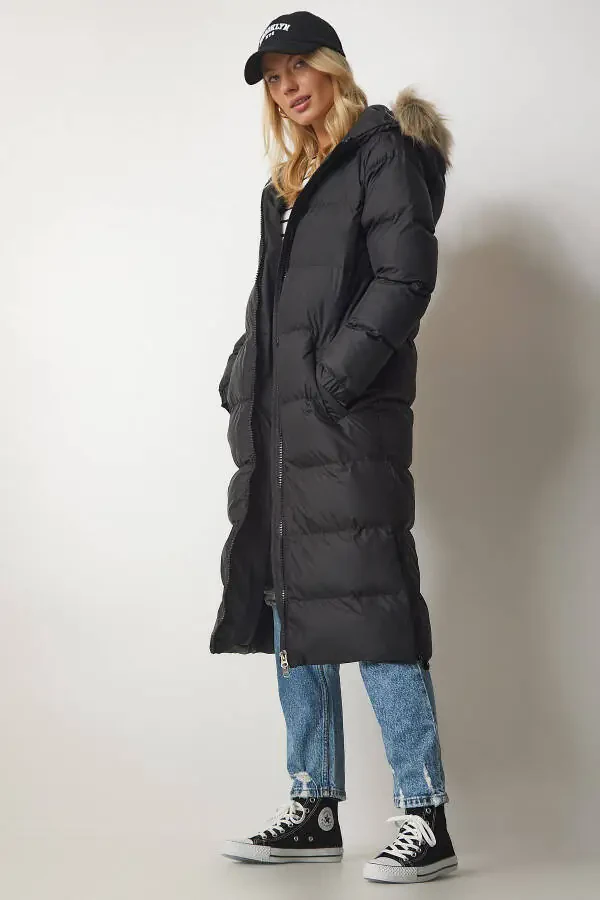 Women's Black Hooded Long Puffer Coat VP00001 - 1