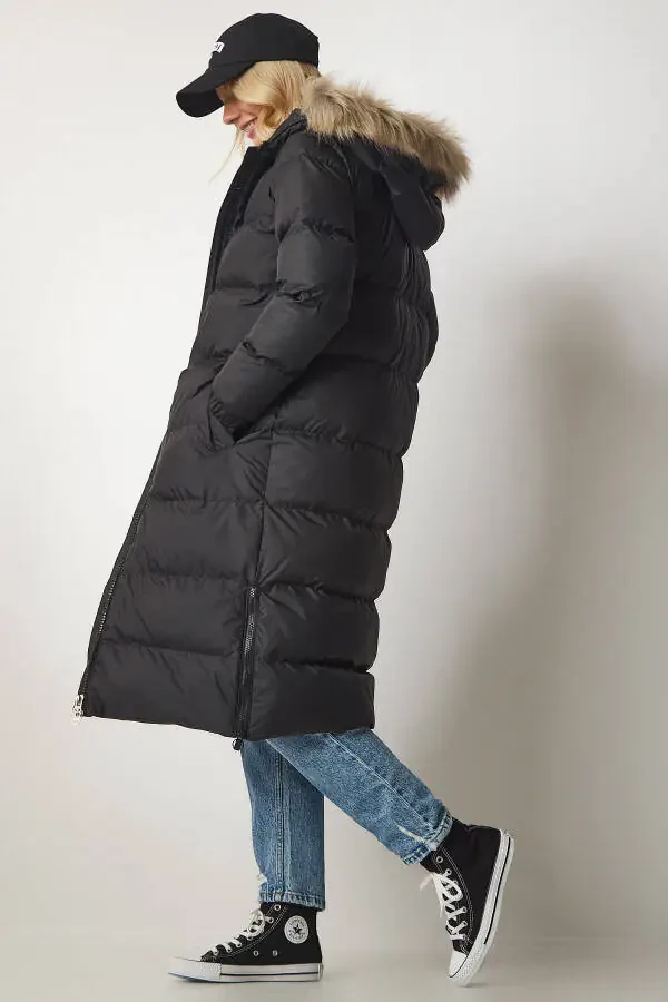 Women's Black Hooded Long Puffer Coat VP00001 - 2
