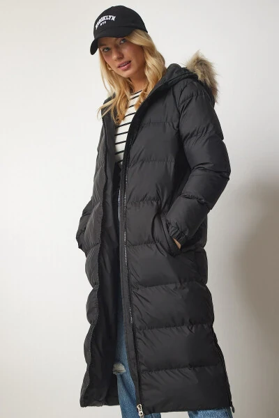 Women's Black Hooded Long Puffer Coat VP00001 - 3