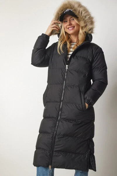 Women's Black Hooded Long Puffer Coat VP00001 - 4