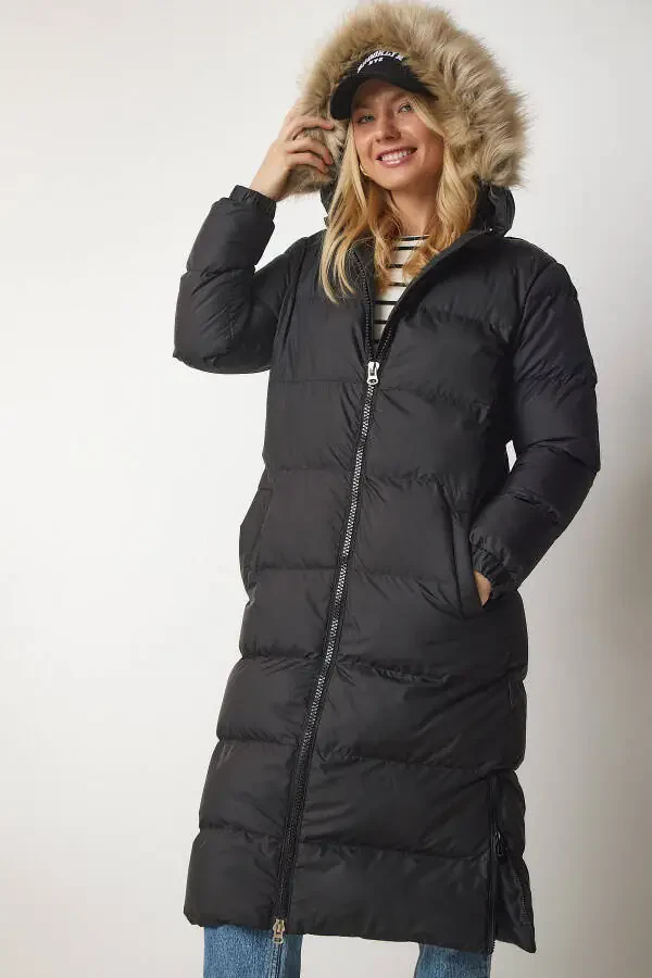 Women's Black Hooded Long Puffer Coat VP00001 - 4