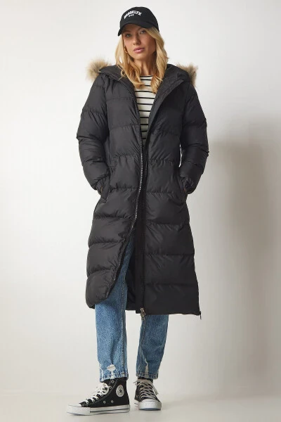 Women's Black Hooded Long Puffer Coat VP00001 - 5