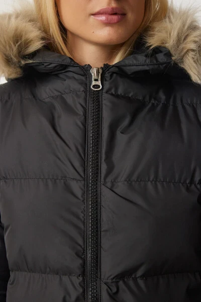 Women's Black Hooded Long Puffer Coat VP00001 - 6