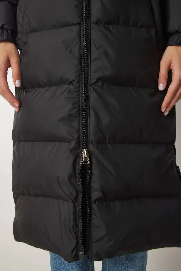 Women's Black Hooded Long Puffer Coat VP00001 - 7