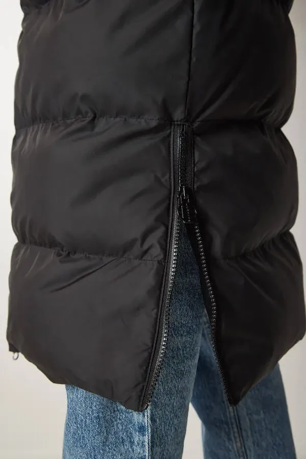 Women's Black Hooded Long Puffer Coat VP00001 - 8