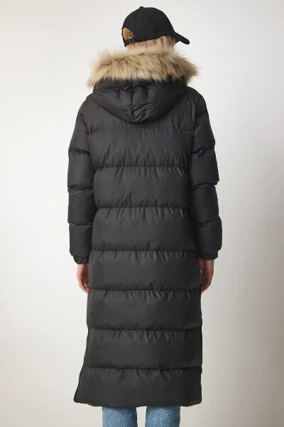 Women's Black Hooded Long Puffer Coat VP00001 - 9
