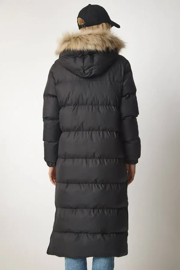 Women's Black Hooded Long Puffer Coat VP00001 - 9