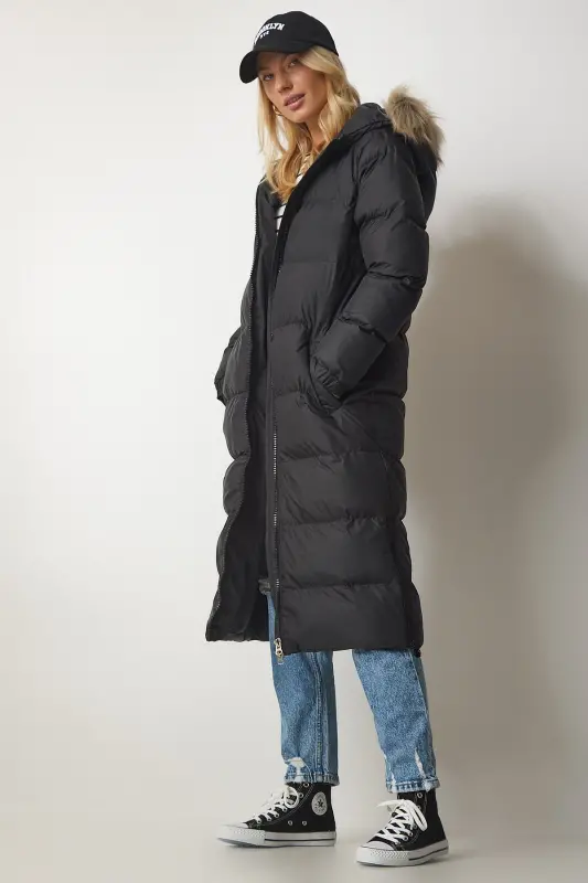 Women's Black Hooded Long Puffer Coat VP00001 - 2