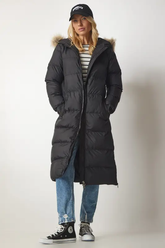 Women's Black Hooded Long Puffer Coat VP00001 - 6