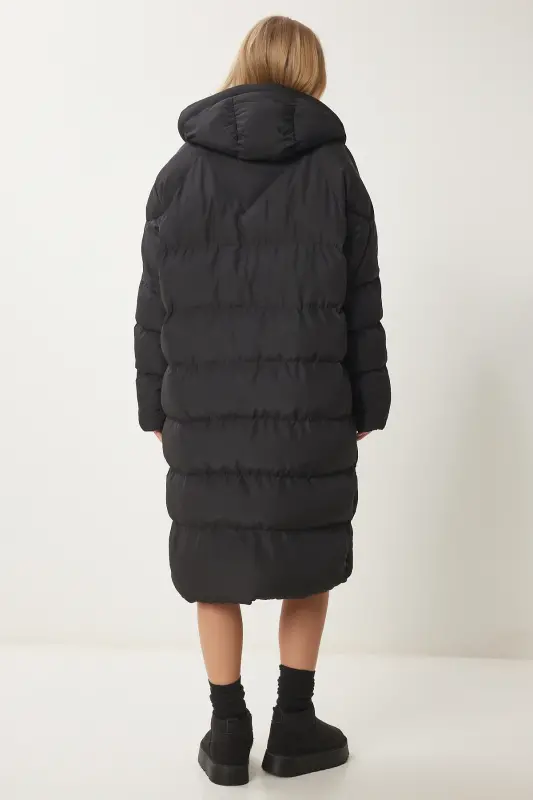 Women's Black Hooded Oversize Long Puffer Coat NT00428 - Black - 6