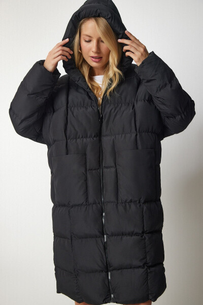 Women's Black Hooded Oversize Padded Coat HK00027 - 3