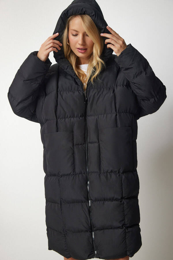 Women's Black Hooded Oversize Padded Coat HK00027 - 3