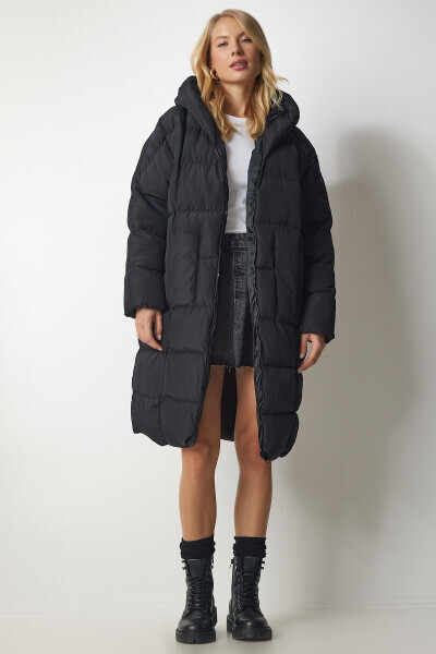 Women's Black Hooded Oversize Padded Coat HK00027 - 4