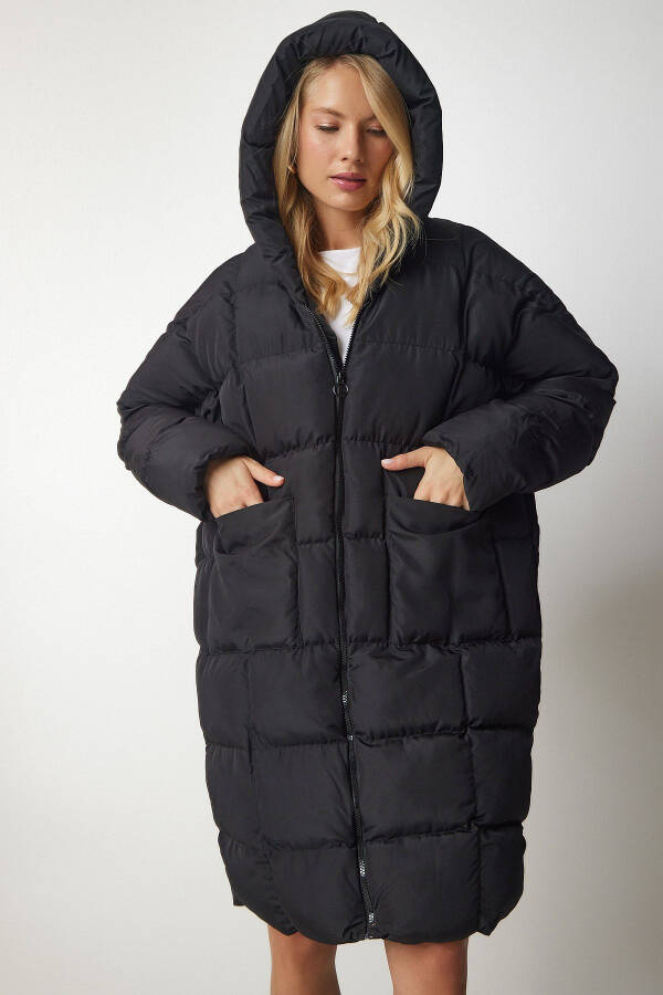 Women's Black Hooded Oversize Padded Coat HK00027 - 5