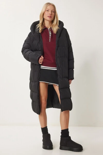 Women's Black Hooded Oversized Long Puffer Coat NT - HAPPINESS İSTANBUL