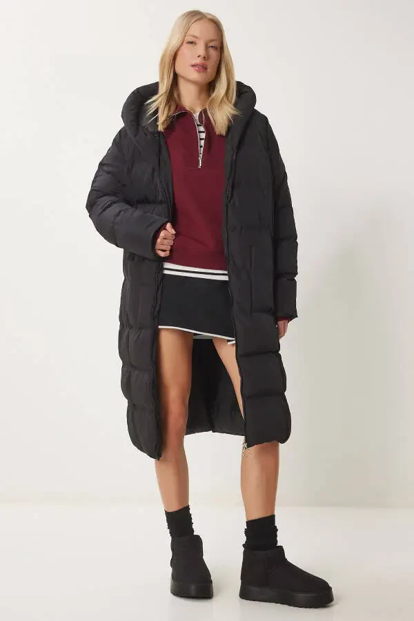 Women's Black Hooded Oversized Long Puffer Coat NT - 1