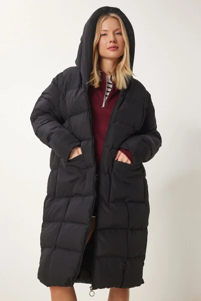 Women's Black Hooded Oversized Long Puffer Coat NT - HAPPINESS İSTANBUL (1)