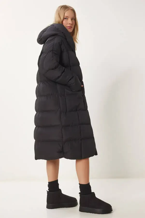 Women's Black Hooded Oversized Long Puffer Coat NT - 5