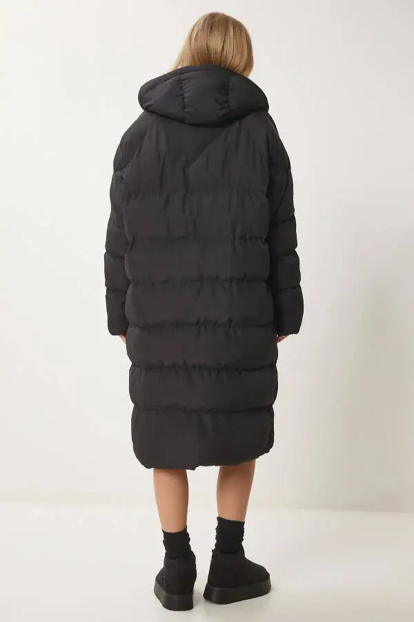 Women's Black Hooded Oversized Long Puffer Coat NT - 6