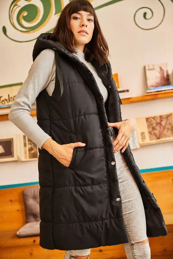 Women's Black Hooded Pocket Puffer Vest YLK-19000007 - 3