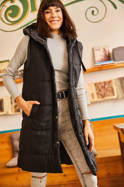 Women's Black Hooded Pocket Puffer Vest YLK-19000007 - 1