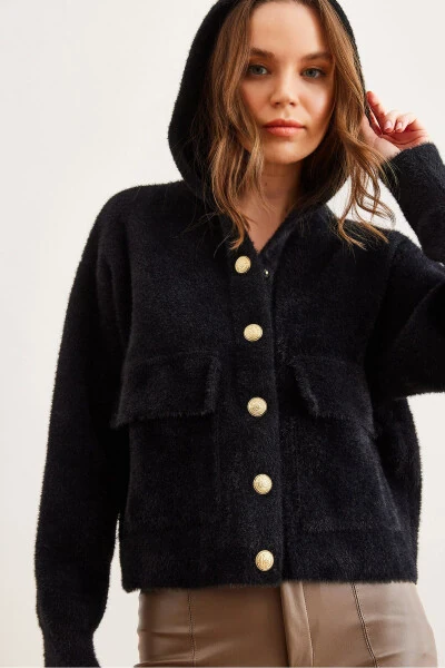 Women's Black Hooded Pocket Soft Textured Thick Beard Hoodie HRK-19000325 - OLALOOK