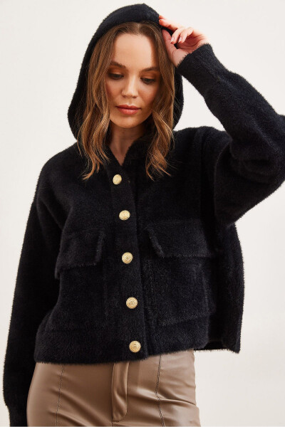 Women's Black Hooded Pocket Soft Textured Thick Beard Hoodie HRK-19000325 - 4