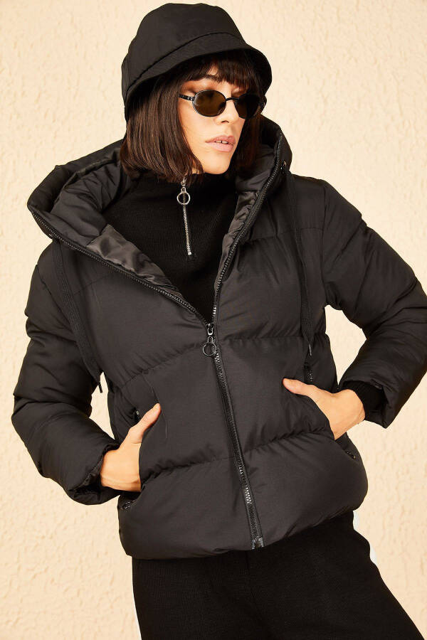 Women's Black Hooded Puffer Jacket 10141018 - 5