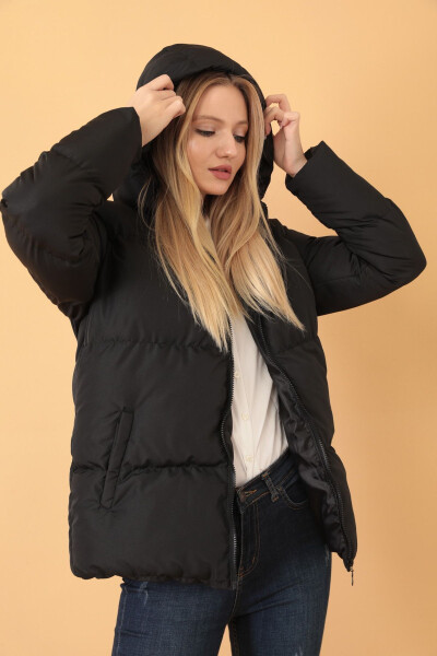 Women's Black Hooded Puffer Jacket - 1