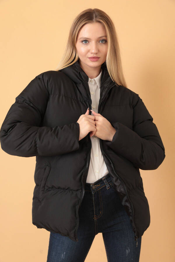 Women's Black Hooded Puffer Jacket - 2