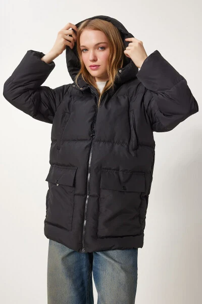 Women's Black Hooded Puffer Jacket HK00023 - HAPPINESS İSTANBUL