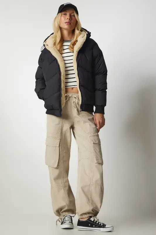 Women's Black Hooded Puffer Jacket VP00006-Black - HAPPINESS İSTANBUL