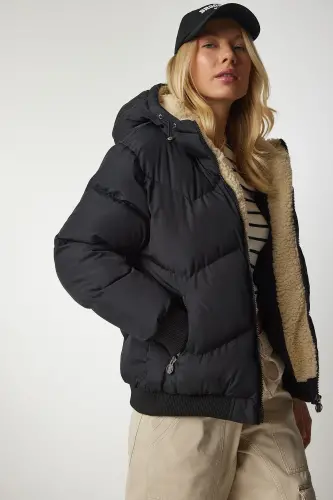 Women's Black Hooded Puffer Jacket VP00006-Black - 2