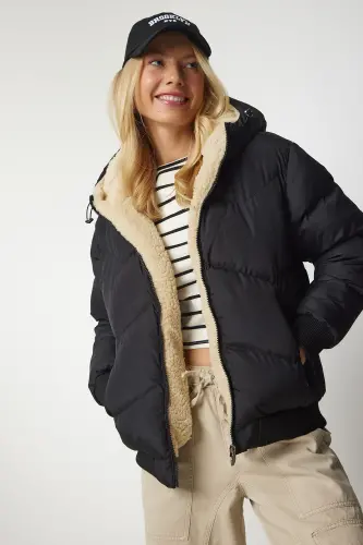 Women's Black Hooded Puffer Jacket VP00006-Black - 6