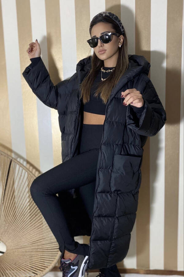 Women's Black Hooded Puffer Long Oversized Coat - 1