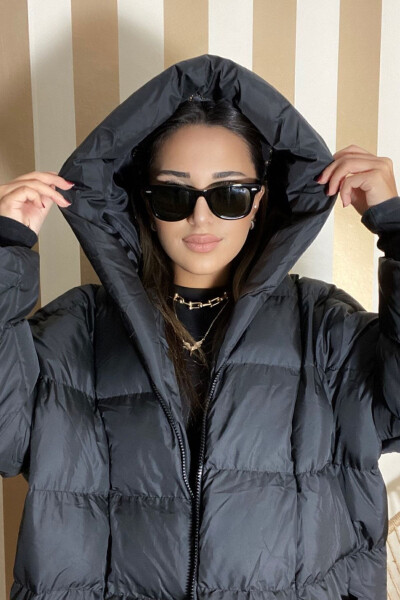 Women's Black Hooded Puffer Long Oversized Coat - 4