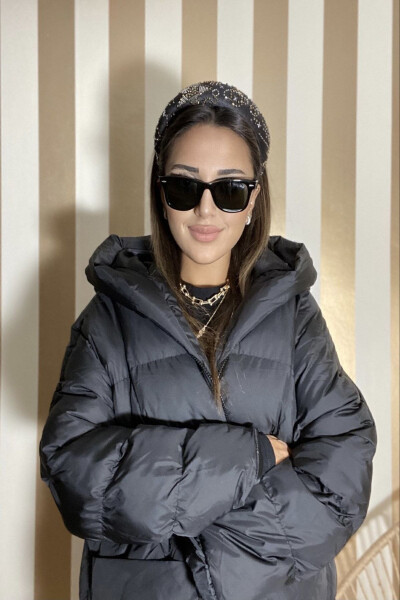 Women's Black Hooded Puffer Long Oversized Coat - 5