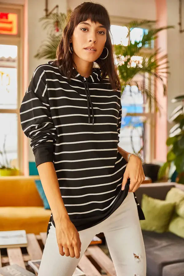 Women's Black Hooded Striped Side Slit Sweatshirt SWT-19000410 - 2