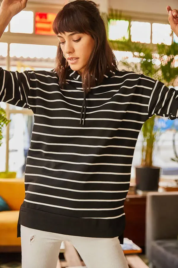Women's Black Hooded Striped Side Slit Sweatshirt SWT-19000410 - 3
