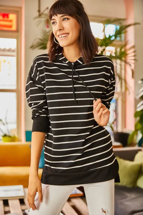 Women's Black Hooded Striped Side Slit Sweatshirt SWT-19000410 - 4