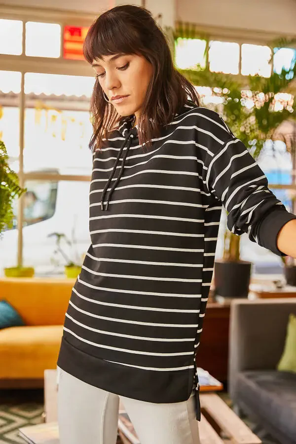 Women's Black Hooded Striped Side Slit Sweatshirt SWT-19000410 - 5