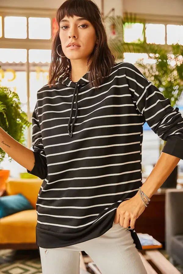 Women's Black Hooded Striped Side Slit Sweatshirt SWT-19000410 - 6