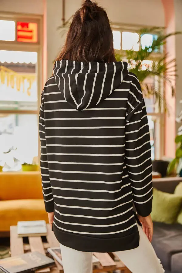 Women's Black Hooded Striped Side Slit Sweatshirt SWT-19000410 - 8