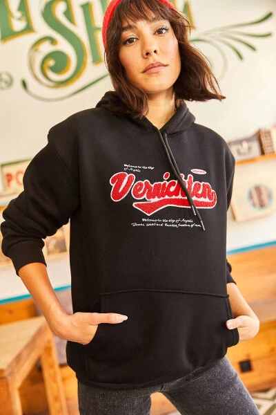 Women's Black Hoodie Appliqué Embroidered Warm Polar Inner Sweatshirt SWT-19000581 - 2