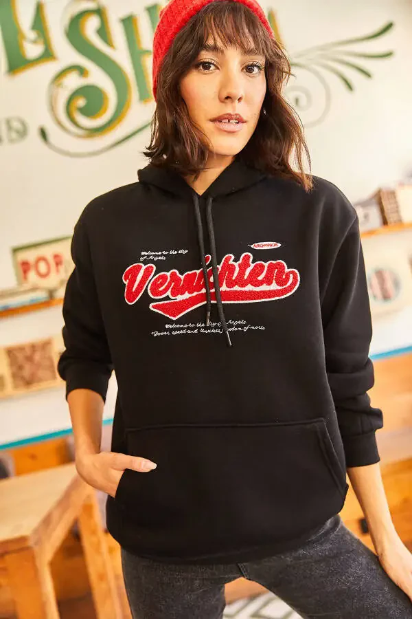 Women's Black Hoodie Appliqué Embroidered Warm Polar Inner Sweatshirt SWT-19000581 - 3