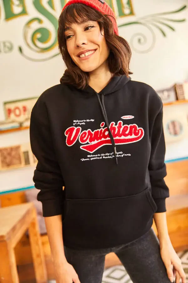 Women's Black Hoodie Appliqué Embroidered Warm Polar Inner Sweatshirt SWT-19000581 - 4