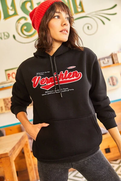 Women's Black Hoodie Appliqué Embroidered Warm Polar Inner Sweatshirt SWT-19000581 - 5
