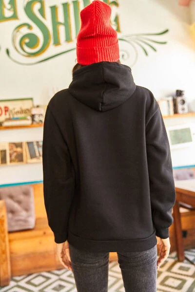 Women's Black Hoodie Appliqué Embroidered Warm Polar Inner Sweatshirt SWT-19000581 - 6