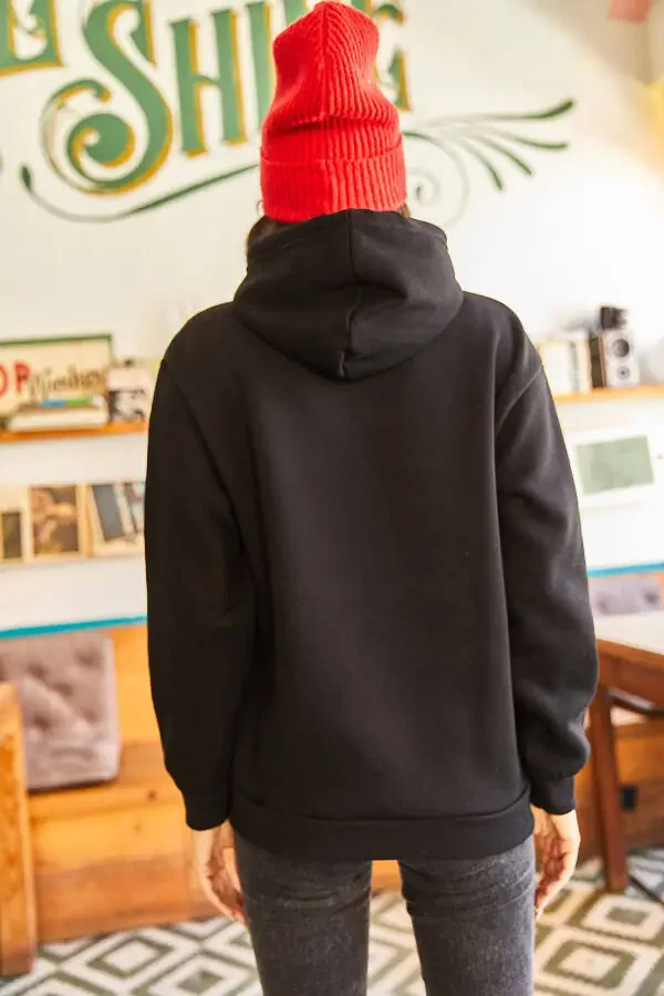 Women's Black Hoodie Appliqué Embroidered Warm Polar Inner Sweatshirt SWT-19000581 - 6