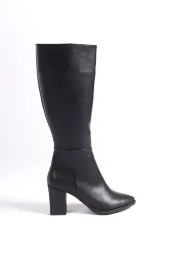 Women's Black Imported Leather Heeled Boots-Matte Black - 3